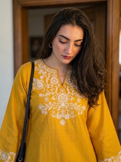 Yellow Embroidered Kurta with Ivory Straight Pants