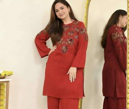 Ruby Blossom Embroidered Co-Ord Set for Women