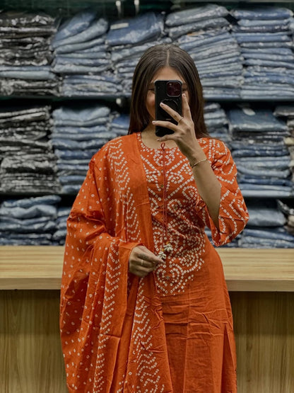 Elegant Rust Orange Bandhani Kurta Set