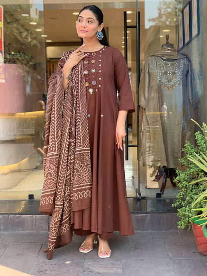 Elegant Chocolate Brown Anarkali Kurta Set with Printed Dupatta