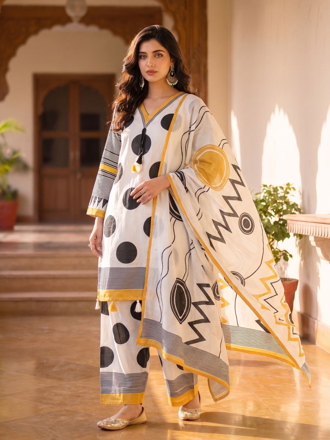 White Yellow Black Abstract Kurta Palazzo Dupatta Set