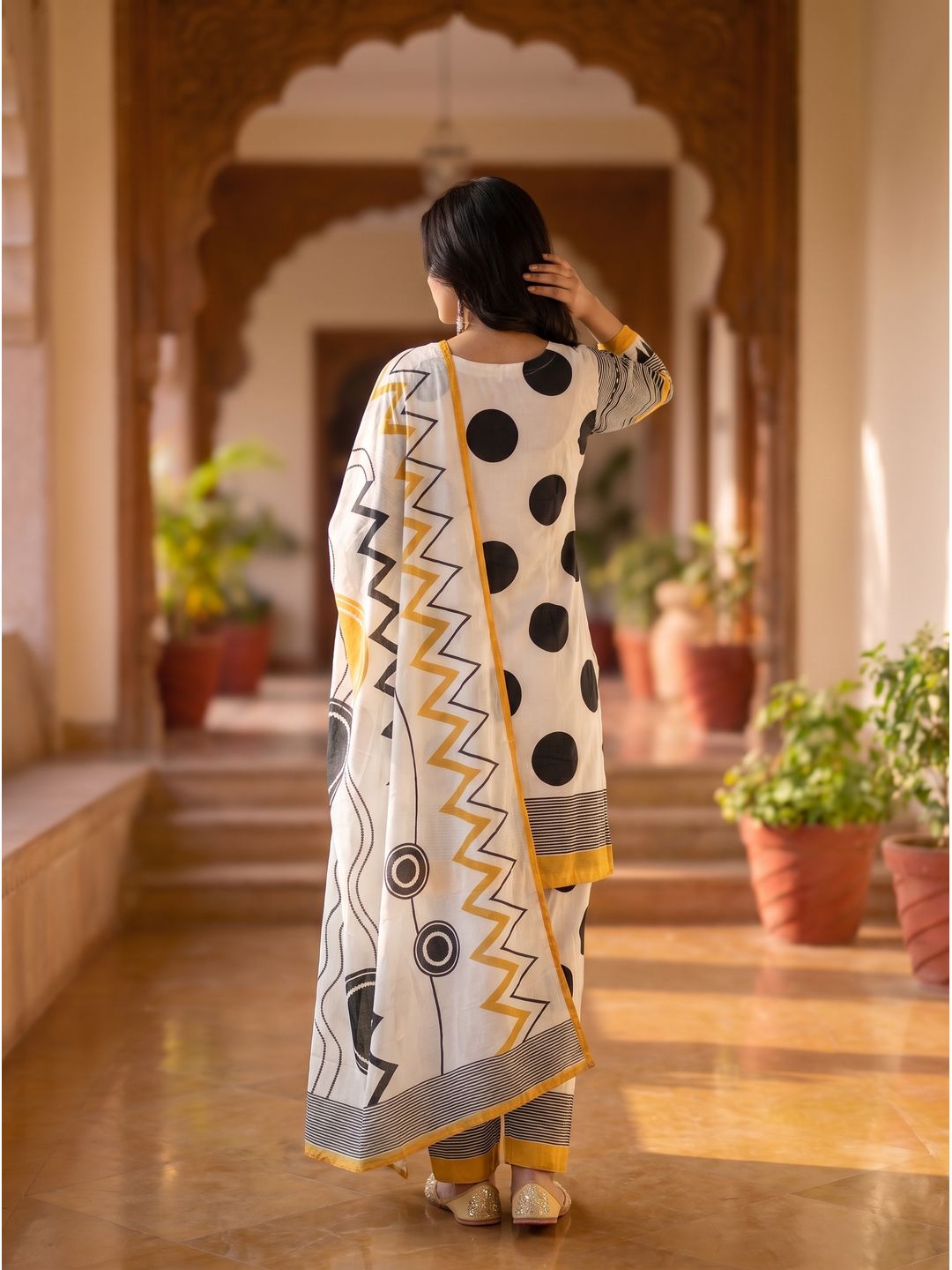 White Yellow Black Abstract Kurta Palazzo Dupatta Set