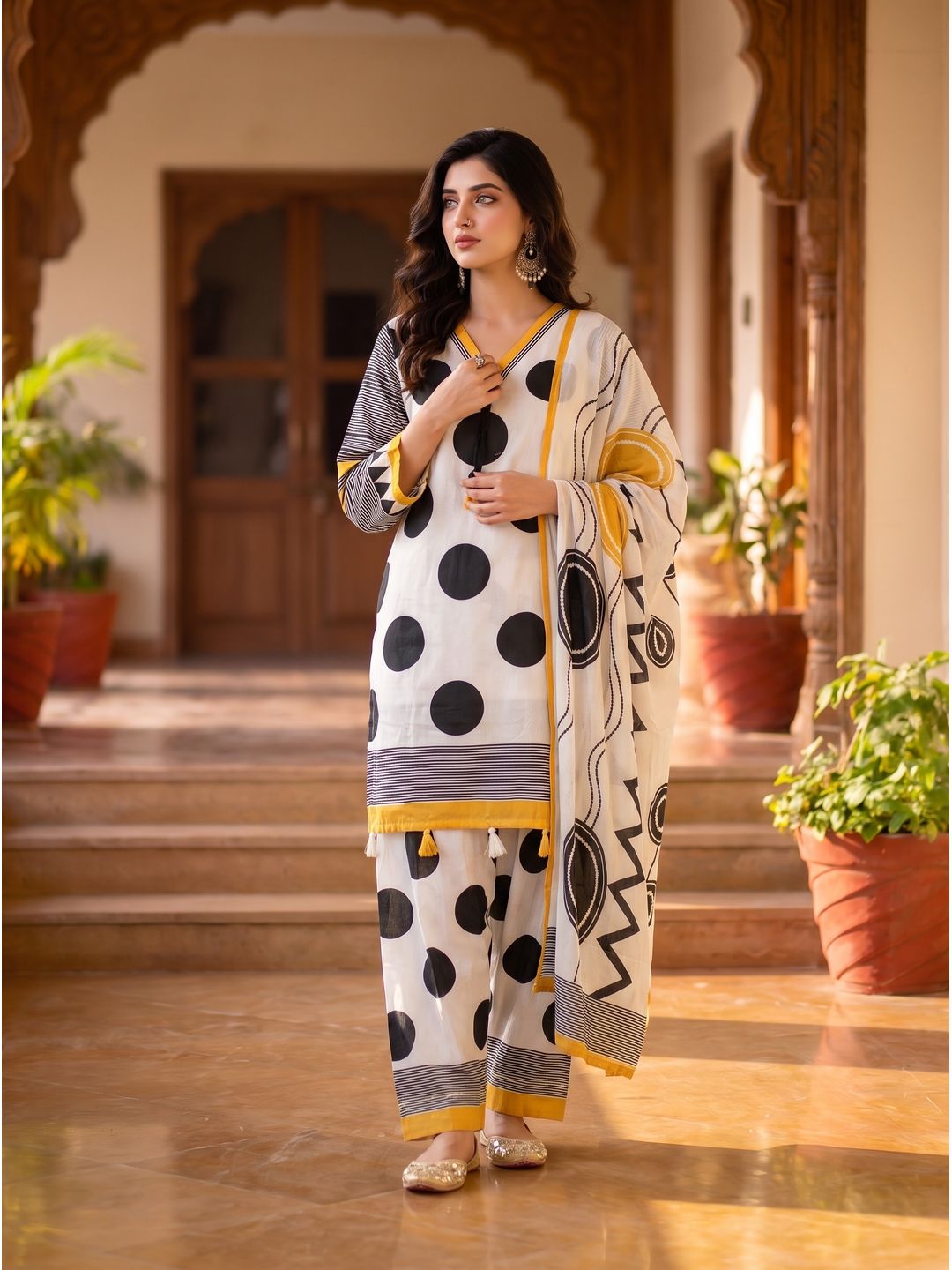 White Yellow Black Abstract Kurta Palazzo Dupatta Set