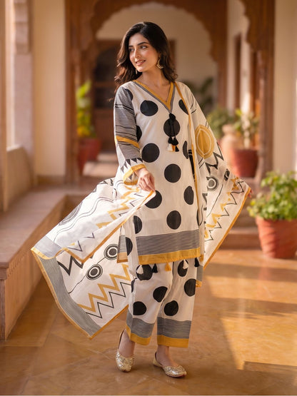 White Yellow Black Abstract Kurta Palazzo Dupatta Set