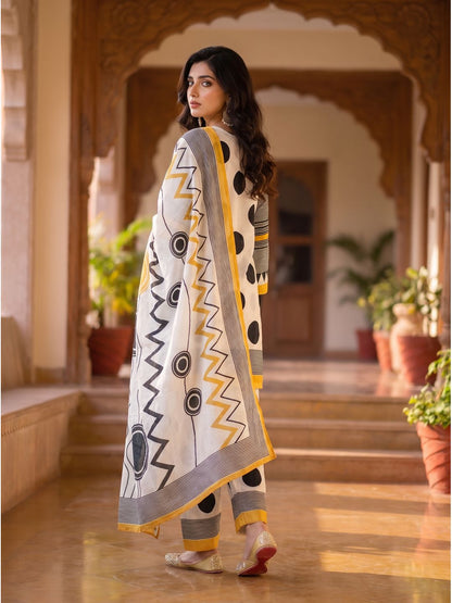 White Yellow Black Abstract Kurta Palazzo Dupatta Set