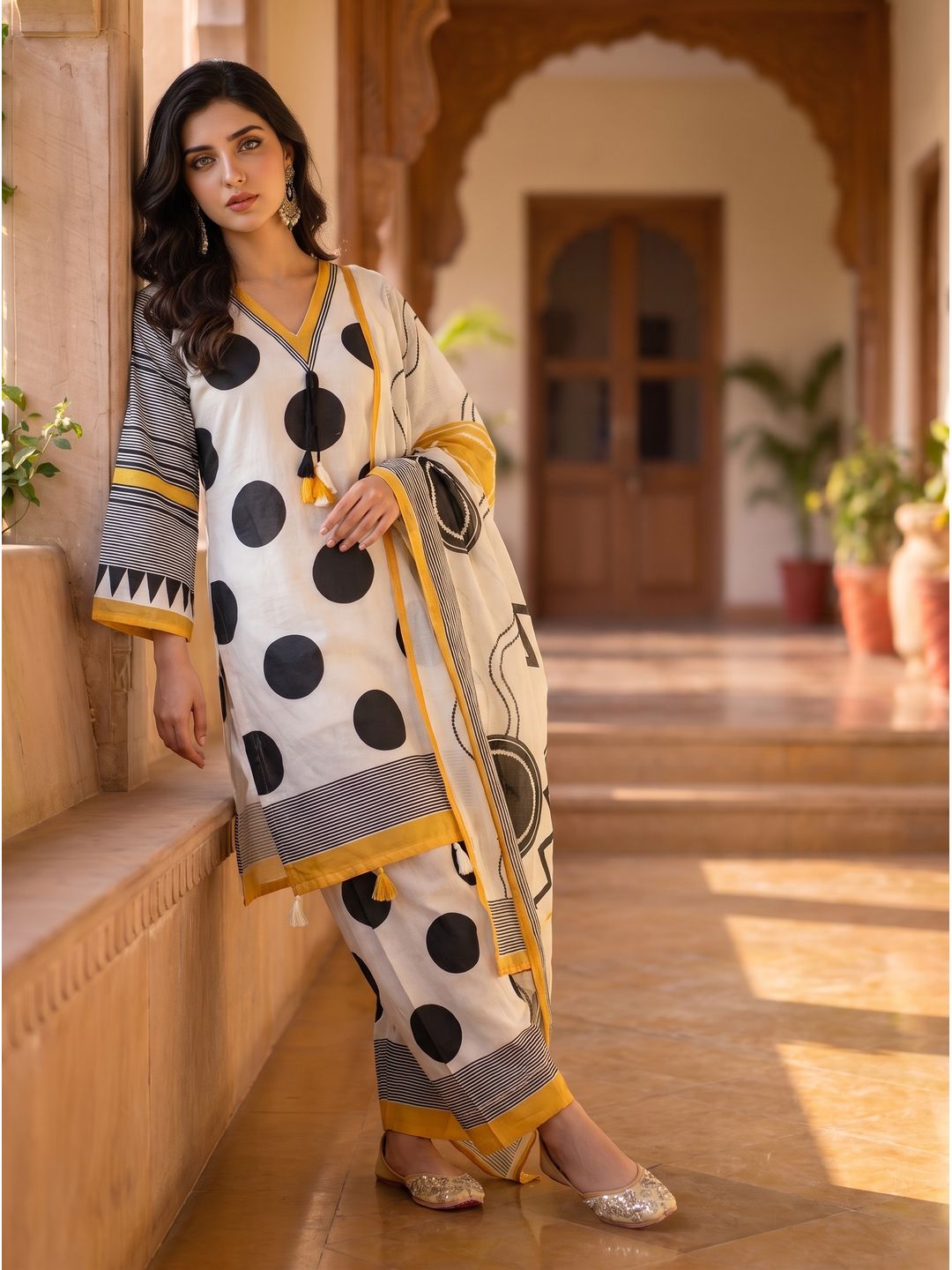 White Yellow Black Abstract Kurta Palazzo Dupatta Set