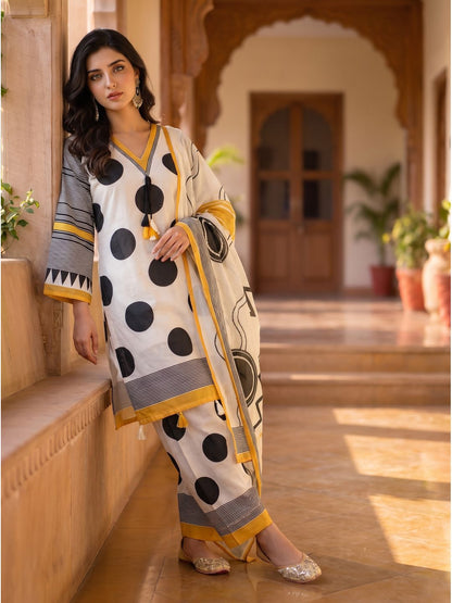 White Yellow Black Abstract Kurta Palazzo Dupatta Set
