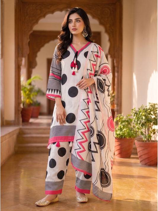 White Pink Black Abstract Kurta Palazzo Dupatta Set