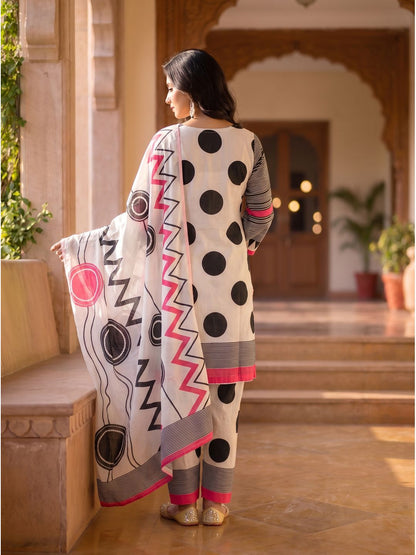 White Pink Black Abstract Kurta Palazzo Dupatta Set