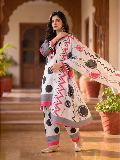 White Pink Black Abstract Kurta Palazzo Dupatta Set