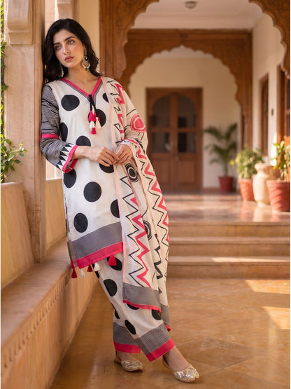 White Pink Black Abstract Kurta Palazzo Dupatta Set
