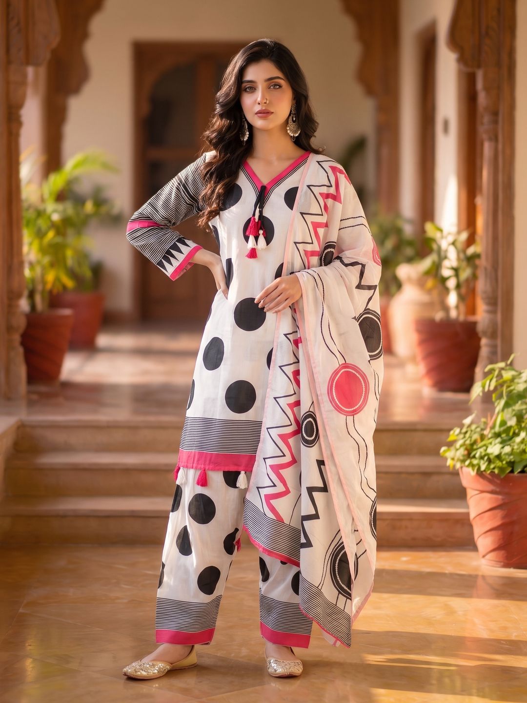 White Pink Black Abstract Kurta Palazzo Dupatta Set